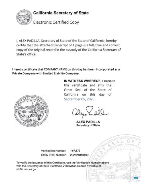 USA California electronic registration certificate Word and PDF template